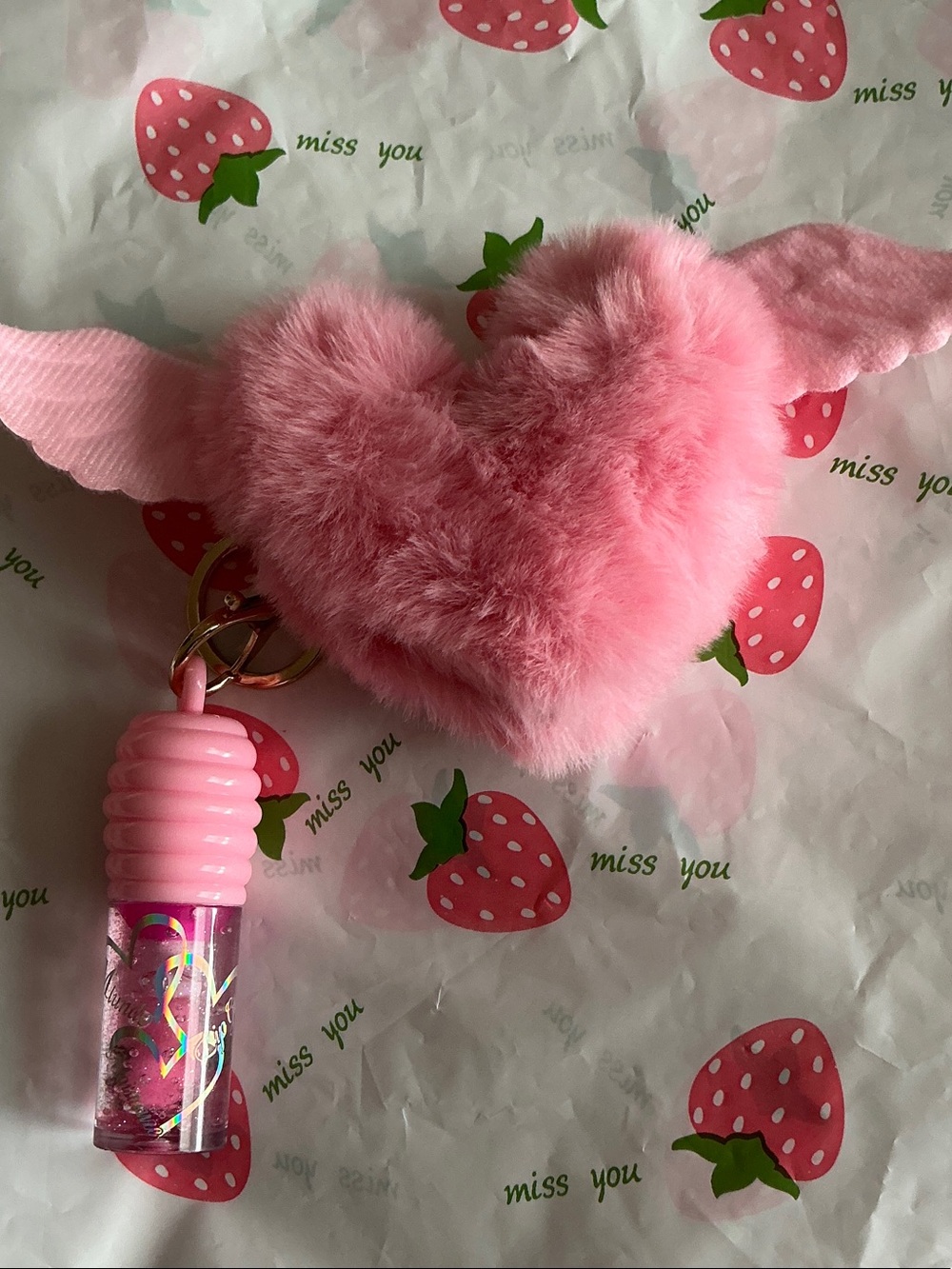 Pink Fuzzy Heart Wing Keychain with Lip Gloss Charm -